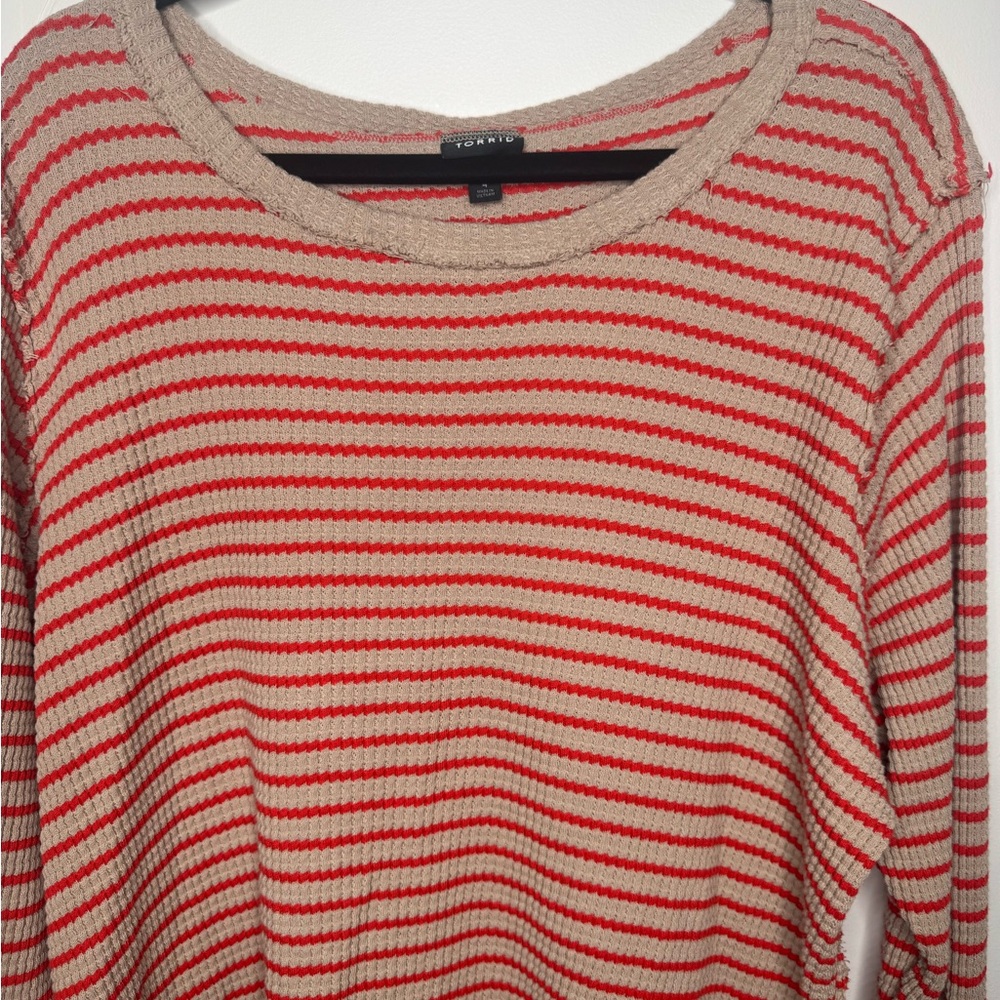 Torrid Red Beige Striped Waffle Knit Thermal Long Sleeve Top women's 4X boho - Picture 3 of 8